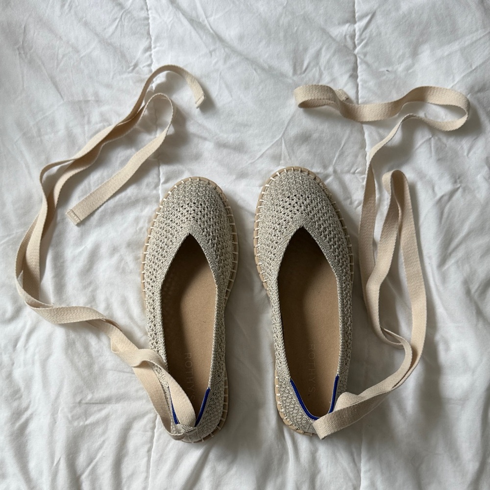 Rothy's Cream & Silver Woven Flats with Ankle Lace